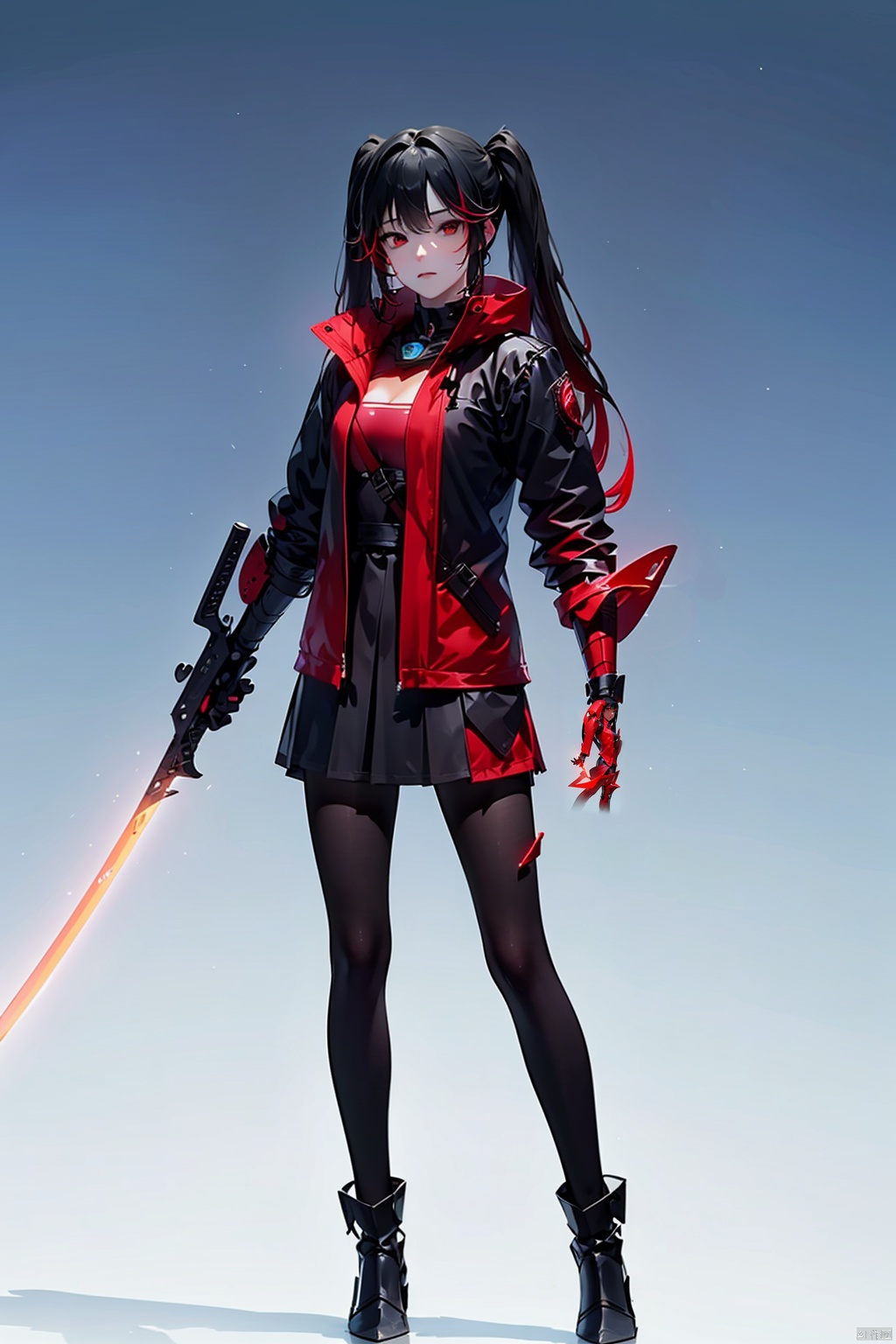 1girl,solo,long hair,looking at viewer,skirt,black hair,red eyes,twintails,standing,full body,weapon,pantyhose,red hair,jacket,multicolored hair,black jacket,gradient,sword,holding weapon,holding,gradient background,holding sword,science fiction,mechanical arms, luxiya