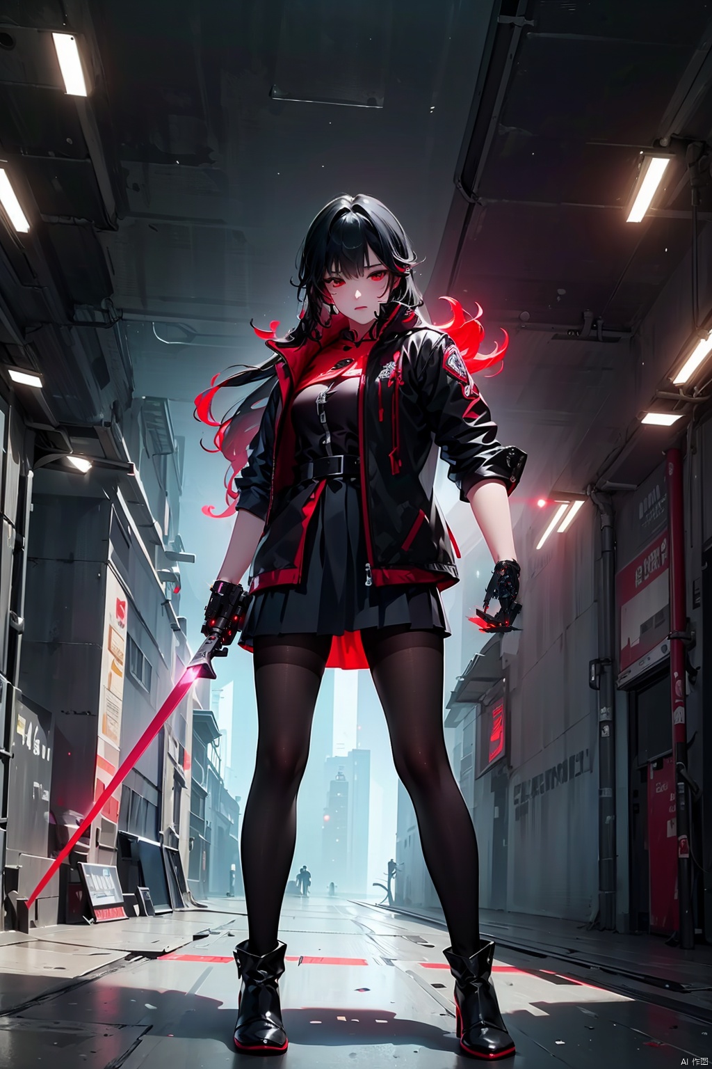 Girl, solo, long hair, looking at the audience, skirt, black hair, red eyes, braid, Standing, full body, pantyhose, red hair, Jacket, Colored hair, Black jacket, sword, Hand held weapon, Hand Held, CyberStreet View, Hand Held long Sword,science fiction, robot arm,luxiya