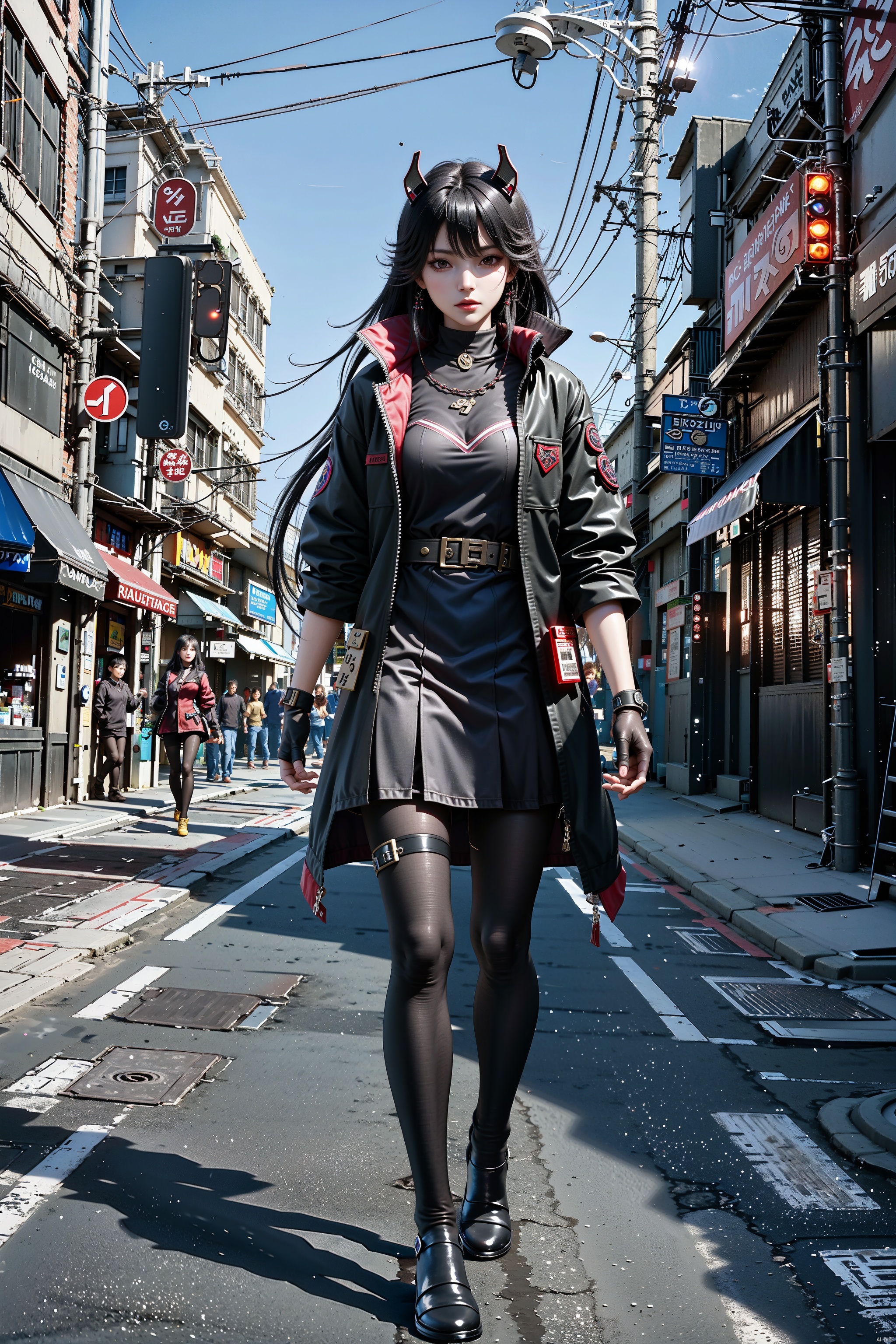  4K, CG HD quality, Girl, solo, long hair, looking at the audience, skirt, black hair, red eyes, red dreadlocks, standing, full body, pantyhose, jacket, colored hair, Black jacket, Cyberstreetscape, science fiction, red eyes, robot arm,luxiya, 1girl ,moyou, 1girl