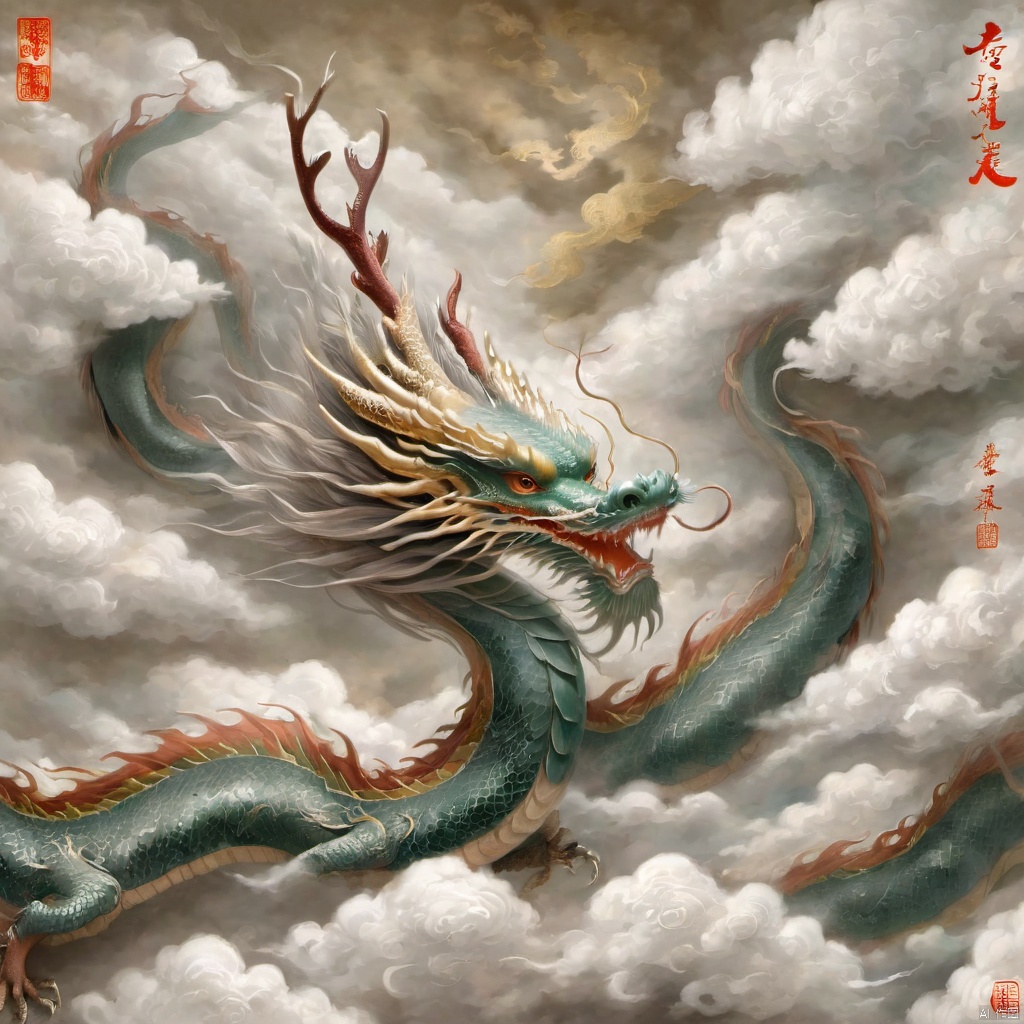  Eastern Dragon, sharp claws, auspicious clouds,antlers,Scales, loong