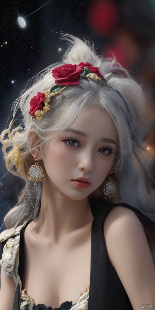  1girl,Han Chinese girls,yellow Hanfu,chinese clothes,large breasts,Black Rose,jewelry, earrings,lips, makeup, portrait, eyeshadow, realistic, nose,{{best quality}}, {{masterpiece}}, {{ultra-detailed}}, {illustration}, {detailed light}, {an extremely delicate and beautiful}, a girl, {beautiful detailed eyes}, stars in the eyes, messy floating hair, colored inner hair, Starry sky adorns hair, depth of field, large breasts,cleavage,blurry, no humans, traditional media, gem, crystal, still life, Dance,movements, All the Colours of the Rainbow,zj,
simple background, shiny, blurry, no humans, depth of field, black background, gem, crystal, realistic, red gemstone, still life,

