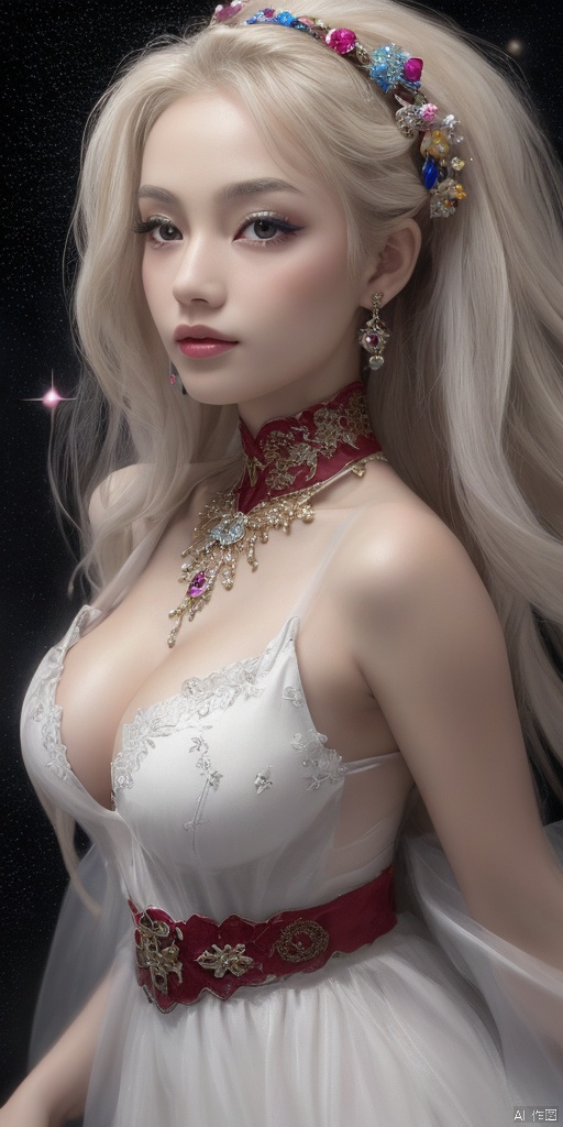  1girl,Han Chinese girls,Hanfu,chinese clothes,white themes,large breasts,jewelry, earrings,lips, makeup, portrait, eyeshadow, realistic, nose,{{best quality}}, {{masterpiece}}, {{ultra-detailed}}, {illustration}, {detailed light}, {an extremely delicate and beautiful}, a girl, {beautiful detailed eyes}, stars in the eyes, messy floating hair, colored inner hair, Starry sky adorns hair, depth of field, large breasts,cleavage,blurry, no humans, traditional media, gem, crystal, still life, Dance,movements, All the Colours of the Rainbow,zj,
simple background, shiny, blurry, no humans, depth of field, black background, gem, crystal, realistic, red gemstone, still life,
