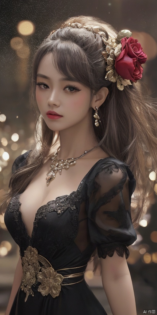  1girl,Han Chinese girls,yellow Hanfu,chinese clothes,large breasts,Black Rose,jewelry, earrings,lips, makeup, portrait, eyeshadow, realistic, nose,{{best quality}}, {{masterpiece}}, {{ultra-detailed}}, {illustration}, {detailed light}, {an extremely delicate and beautiful}, a girl, {beautiful detailed eyes}, stars in the eyes, messy floating hair, colored inner hair, Starry sky adorns hair, depth of field, large breasts,cleavage,blurry, no humans, traditional media, gem, crystal, still life, Dance,movements, All the Colours of the Rainbow,zj,
simple background, shiny, blurry, no humans, depth of field, black background, gem, crystal, realistic, red gemstone, still life,
