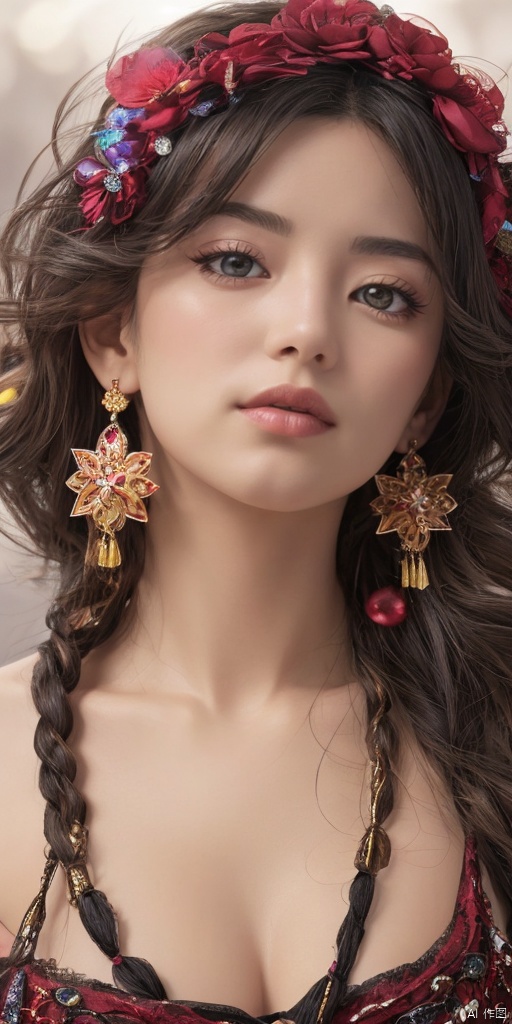  1girl,Chinese girls,jewelry, earrings,lips, makeup, portrait, eyeshadow, realistic, nose,{{best quality}}, {{masterpiece}}, {{ultra-detailed}}, {illustration}, {detailed light}, {an extremely delicate and beautiful}, a girl, {beautiful detailed eyes}, stars in the eyes, messy floating hair, colored inner hair, Starry sky adorns hair, depth of field, large breasts,cleavage,blurry, no humans, traditional media, gem, crystal, still life, Dance,movements, All the Colours of the Rainbow,zj,
simple background, shiny, blurry, no humans, depth of field, black background, gem, crystal, realistic, red gemstone, still life
