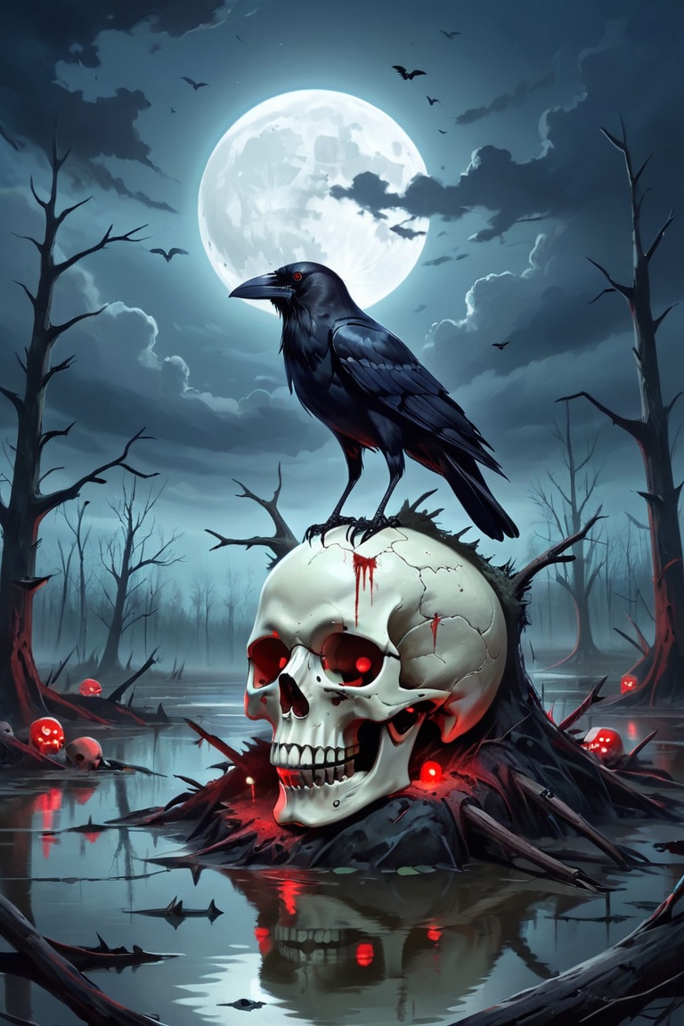a swamp under a gloomy sky,  with a crow perched on a decayed skull. The full moon behind the crow makes its eyes glow red...