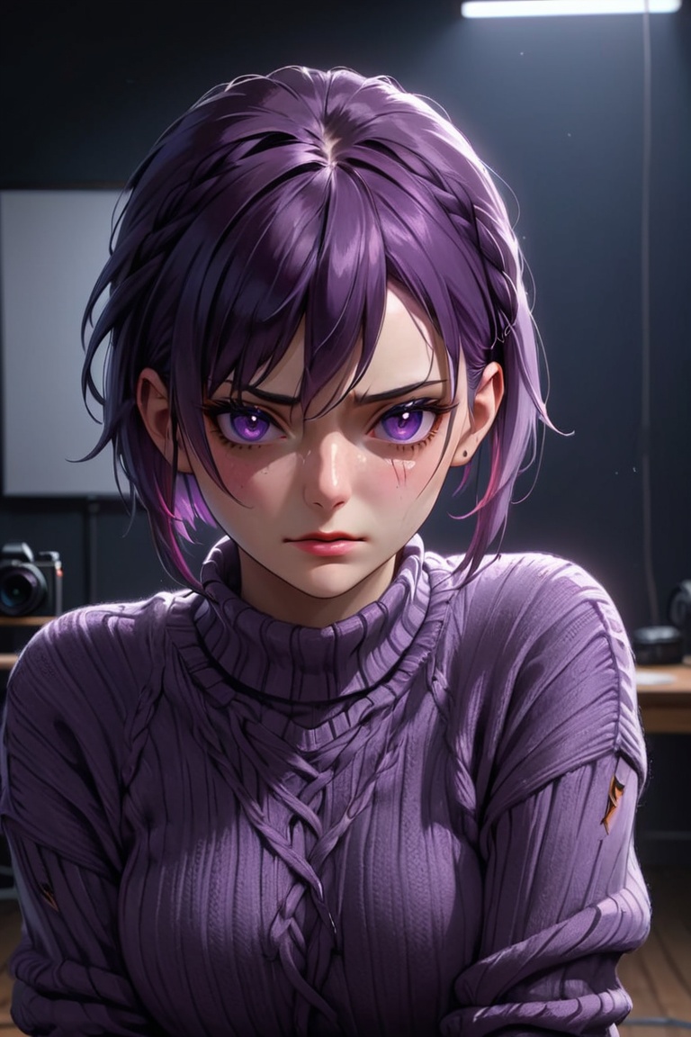 A highly detailed portrait of a stunningly Raven in tight and form-fitting sweater and jeans,  purple eyes,  short purple...