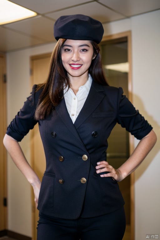 PHOTOREALISTIC REALISTIC,masterpiece,best quality,highres,ultra detailed,8k,1woman,cowboy shot,hands on hips,strobe lighting,stewardess outfit,stewardess hat,smile,teeth,open mouth,makeup,lipstick,office,