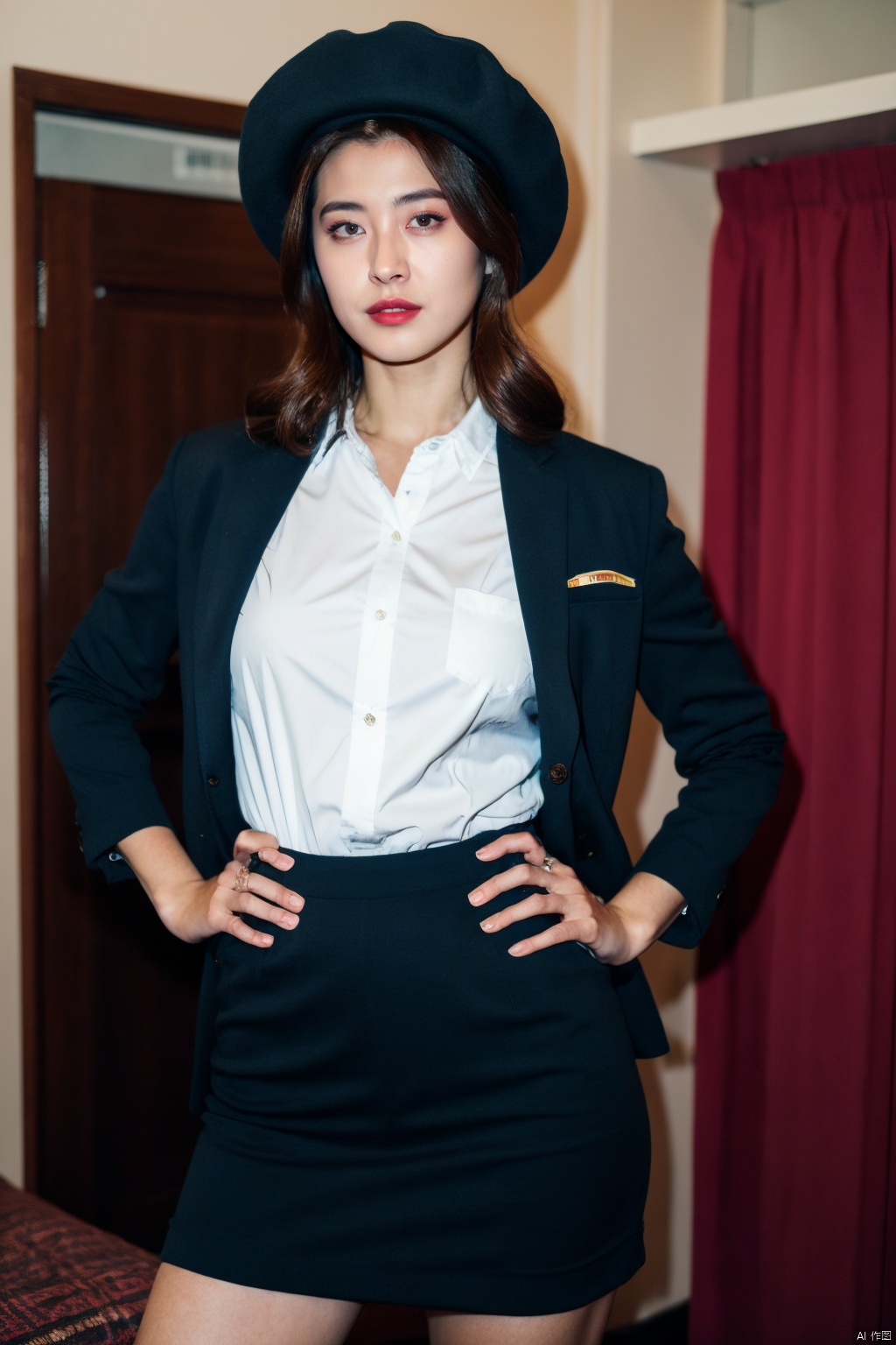 PHOTOREALISTIC REALISTIC,masterpiece,best quality,highres,ultra detailed,8k,1woman,cowboy shot,hands on hips,strobe lighting,stewardess outfit,stewardess hat,serious,makeup,lipstick,hotel room,