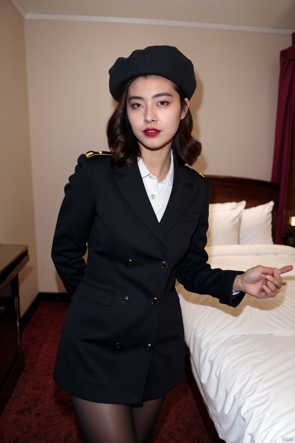 PHOTOREALISTIC REALISTIC,masterpiece,best quality,highres,ultra detailed,8k,1woman,strobe lighting,stewardess outfit,stewardess hat,full body,serious,makeup,lipstick,teeth,hotel room,dark,woman, 1woman