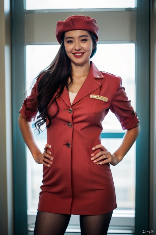 PHOTOREALISTIC REALISTIC,masterpiece,best quality,highres,ultra detailed,8k,1woman,cowboy shot,hands on hips,strobe lighting,stewardess outfit,stewardess hat,smile,teeth,open mouth,makeup,lipstick,office,