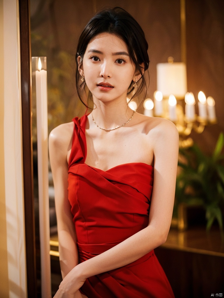  1, 1girl, short hair, brown hair, solo, dress, brown eyes, looking at viewer, holding, red dress, parted lips, bare shoulders, indoors, lips, upper body, sleeveless, 1gril