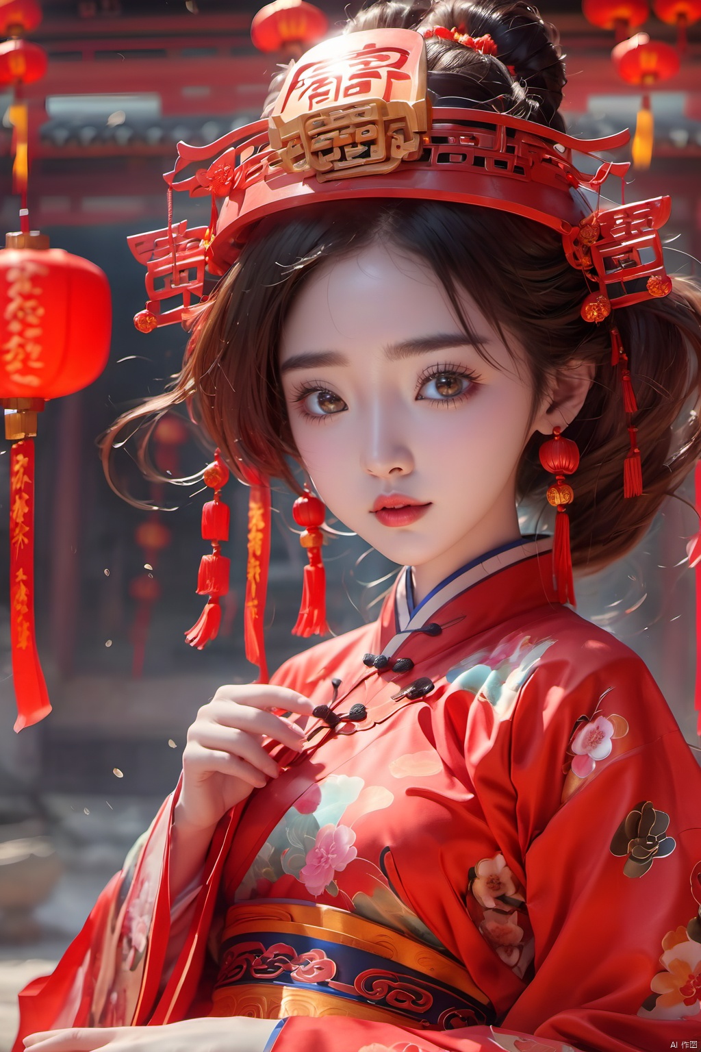  best quality,masterpiece,16k,1girl,Chinese New Year,Welcoming Spring Girl,Spring welcome clothing,Hanfu,Chinese knot,Red Theme,Close-up,(Chest metal buttons:1.3),Regular circular helmet,Large chest,Complex,(A large metal helmet:1.5),(A huge metal helmet:1.3),ancient Chinese architecture,Red Lantern,Zhang **** Jie Cai,Full of joy and joy,Spring Festival couplets,Ancient Chinese script,Brown eyes,Clothing printing