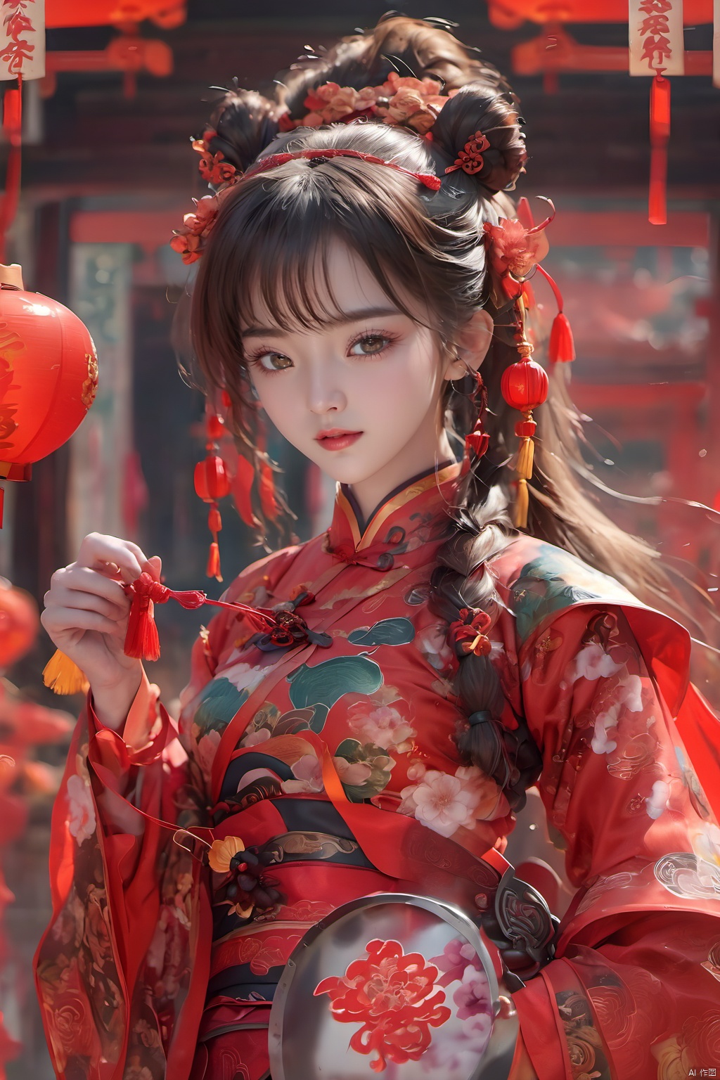  best quality,masterpiece,16k,1girl,Chinese New Year,Welcoming Spring Girl,Spring welcome clothing,Hanfu,Chinese knot,Red Theme,Close-up,Chest metal buttons,Regular circular helmet,Large chest,Complex,A large metal helmet,A huge metal helmet,ancient Chinese architecture,Red Lantern,Zhang **** Jie Cai,Full of joy and joy,Spring Festival couplets,Ancient Chinese script,Brown eyes,Clothing printing