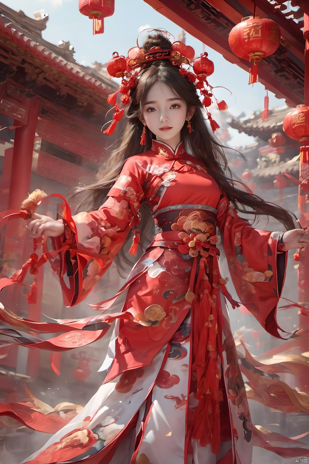  best quality,masterpiece,16k,1girl,Chinese New Year,Welcoming Spring Girl,Spring welcome clothing,Hanfu,Chinese knot,Upper body,Red Theme,Red and white clothing,(The dancing lion head on the head:1.3),Headwear,（The metal mecha behind it：1.5）,（Lion Dance）,full body,ancient Chinese architecture,Red Lantern,Zhang **** Jie Cai,Full of joy and joy,Spring Festival couplets,Ancient Chinese script,Brown eyes,Clothing printing, (\shi shi ru yi\)