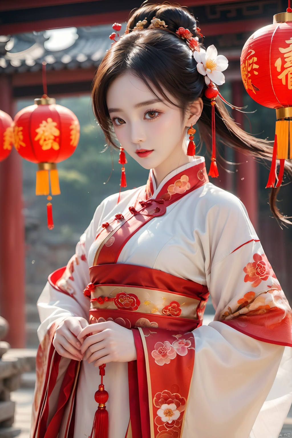  best quality,masterpiece,16k,1girl,Chinese New Year,Welcoming Spring Girl,Spring welcome clothing,Hanfu,Chinese knot,Upper body,Red Theme,Black gold earphones,White clothing,Red flower headwear,front,Gold Bell Earrings,Black gold forehead protection,Above the knee,ancient Chinese architecture,Red Lantern,Zhang **** Jie Cai,Full of joy and joy,Spring Festival couplets,Ancient Chinese script,Brown eyes,Clothing printing