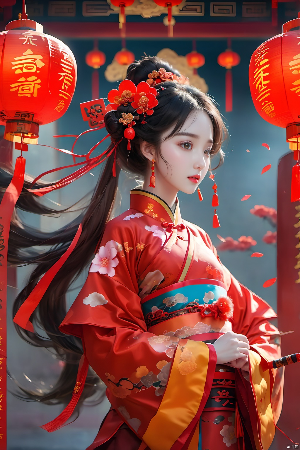  best quality,masterpiece,16k,1girl,Chinese New Year,Welcoming Spring Girl,Spring welcome clothing,Hanfu,Chinese knot,Red Theme,Water ****,(The huge circular mecha behind it:1.5),Looking up,Printed black silk,Headwear,Yellow goldfish,(full body:1.5),ancient Chinese architecture,Red Lantern,Zhang **** Jie Cai,Full of joy and joy,Spring Festival couplets,Ancient Chinese script,Brown eyes,Clothing printing