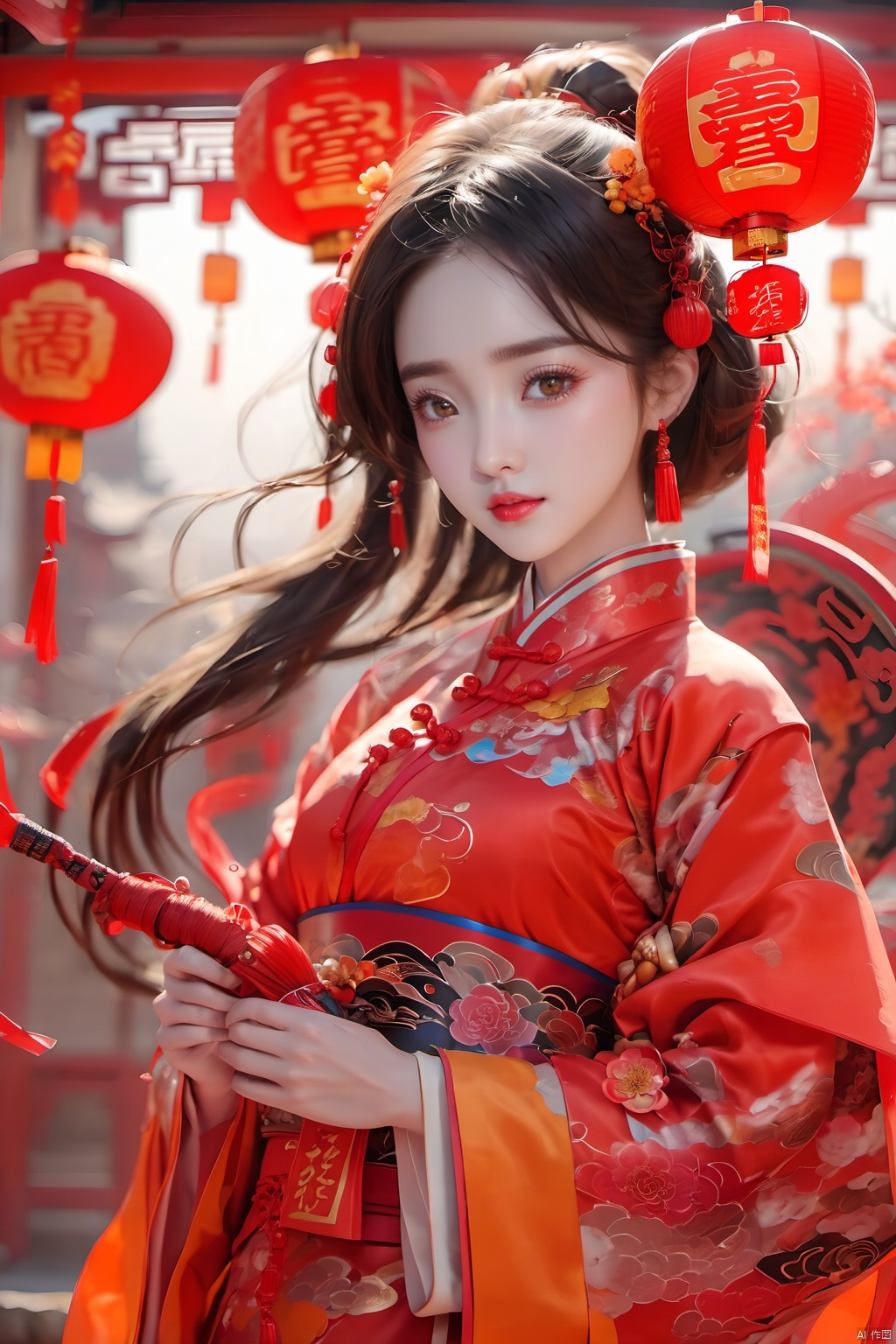  best quality,masterpiece,16k,1girl,Chinese New Year,Welcoming Spring Girl,Spring welcome clothing,Hanfu,Chinese knot,Red Theme,Close-up,(Chest metal buttons:1.3),Regular circular helmet,Large chest,Complex,(A large metal helmet:1.5),(A huge metal helmet:1.3),ancient Chinese architecture,Red Lantern,Zhang **** Jie Cai,Full of joy and joy,Spring Festival couplets,Ancient Chinese script,Brown eyes,Clothing printing