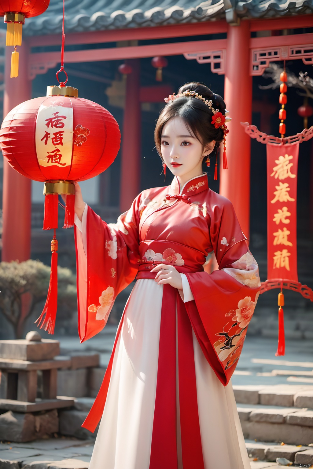  best quality,masterpiece,16k,1girl,Chinese New Year,Welcoming Spring Girl,Spring welcome clothing,Hanfu,Chinese knot,full body,Hands akimbo,Red Theme,Red flower headwear,White clothing,front,Metal bell,Backward circular structure,ancient Chinese architecture,Red Lantern,Zhang **** Jie Cai,Full of joy and joy,Spring Festival couplets,Ancient Chinese script,Brown eyes,Clothing printing