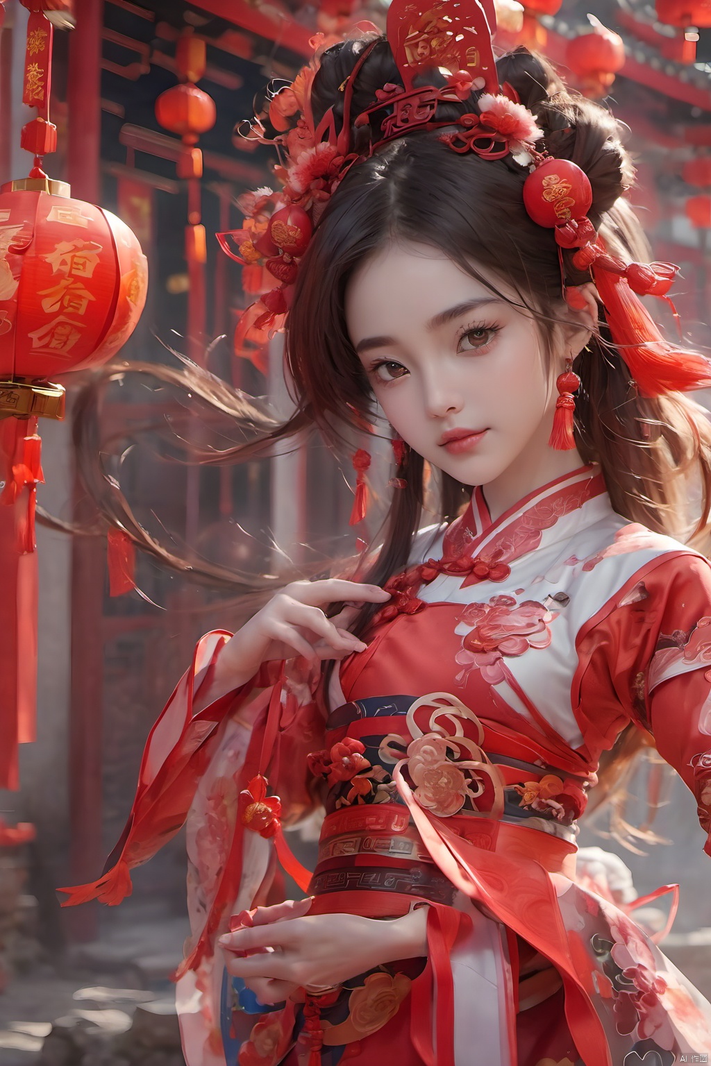  best quality,masterpiece,16k,1girl,Chinese New Year,Welcoming Spring Girl,Spring welcome clothing,Hanfu,Chinese knot,Upper body,Red Theme,Red and white clothing,(The dancing lion head on the head:1.3),Headwear,（The metal mecha behind it：1.5）,（Lion Dance）,full body,ancient Chinese architecture,Red Lantern,Zhang **** Jie Cai,Full of joy and joy,Spring Festival couplets,Ancient Chinese script,Brown eyes,Clothing printing, (\shi shi ru yi\)