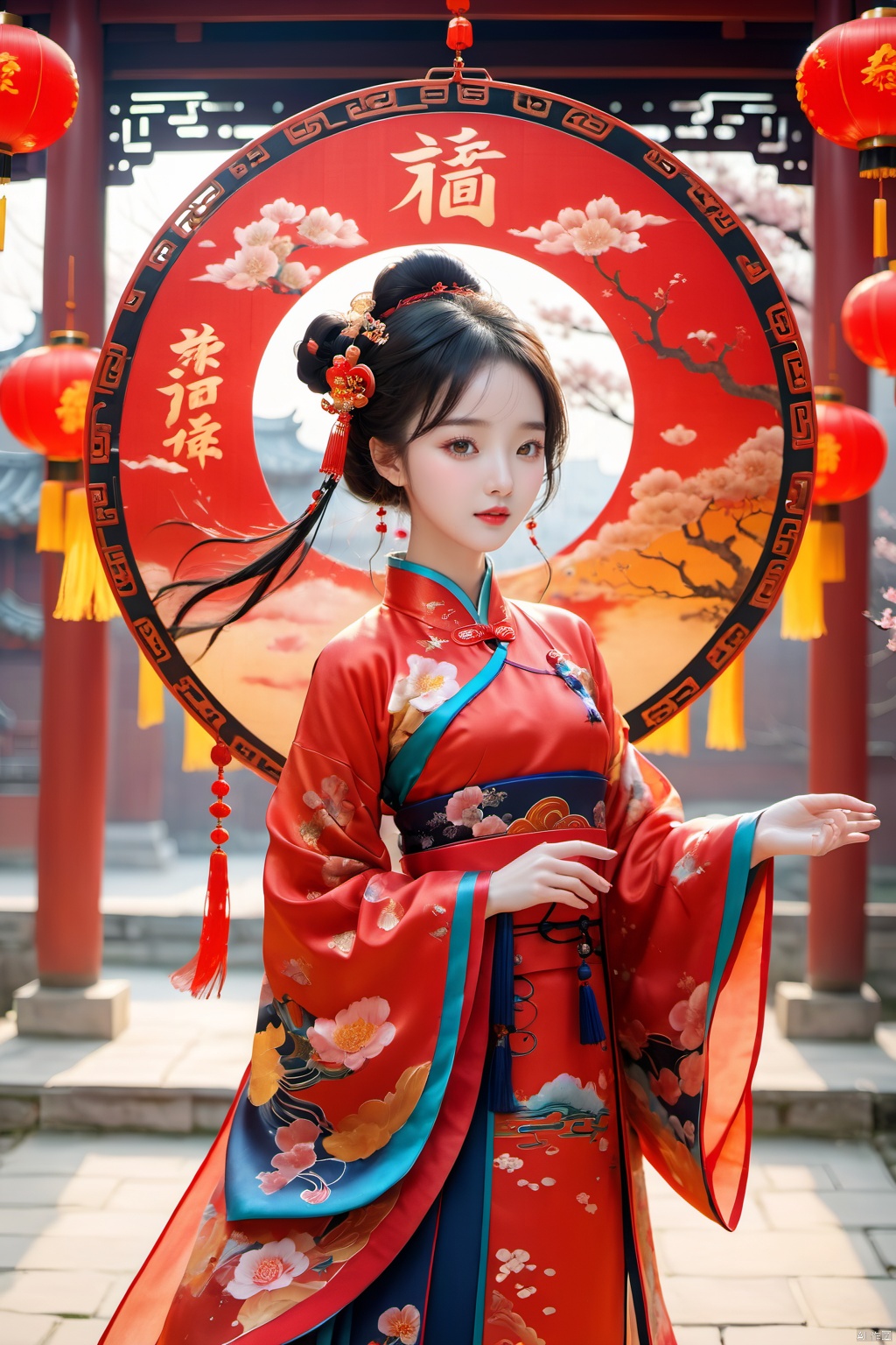  best quality,masterpiece,16k,1girl,Chinese New Year,Welcoming Spring Girl,Spring welcome clothing,Hanfu,Chinese knot,Red Theme,Water ****,(The huge circular mecha behind it:1.5),Looking up,Printed black silk,Headwear,Yellow goldfish,(full body:1.5),ancient Chinese architecture,Red Lantern,Zhang **** Jie Cai,Full of joy and joy,Spring Festival couplets,Ancient Chinese script,Brown eyes,Clothing printing, 1girl