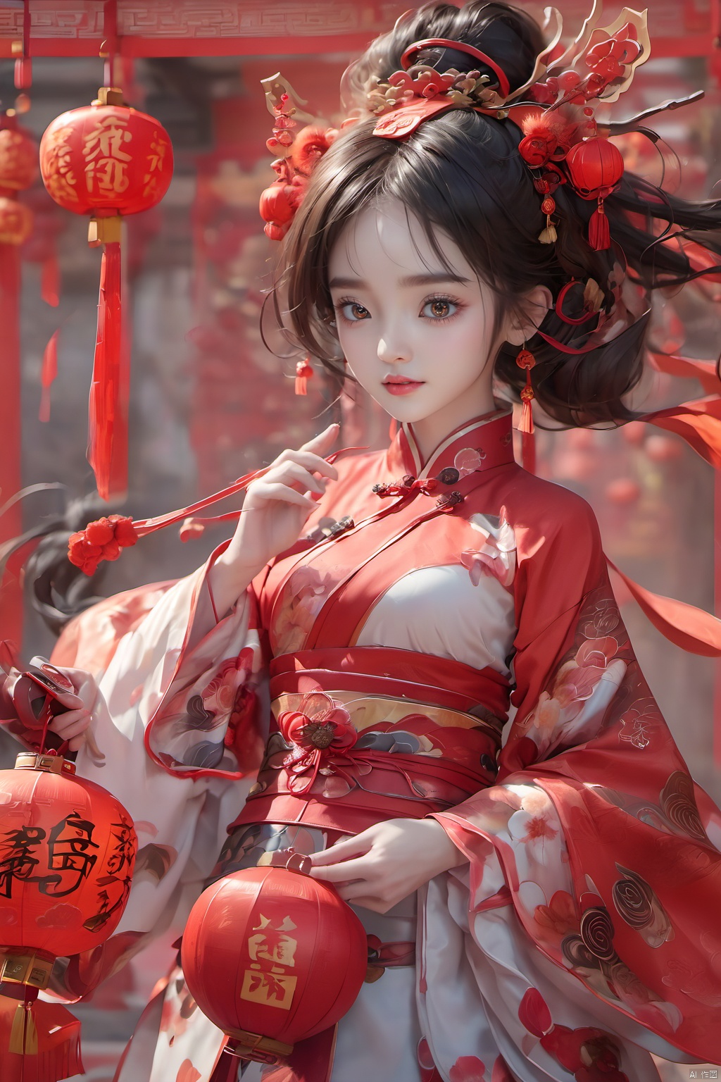  best quality,masterpiece,16k,1girl,Chinese New Year,Welcoming Spring Girl,Spring welcome clothing,Hanfu,Chinese knot,Red Theme,Close-up,Chest metal buttons,Regular circular helmet,Large chest,Complex,A large metal helmet,A huge metal helmet,ancient Chinese architecture,Red Lantern,Zhang **** Jie Cai,Full of joy and joy,Spring Festival couplets,Ancient Chinese script,Brown eyes,Clothing printing
