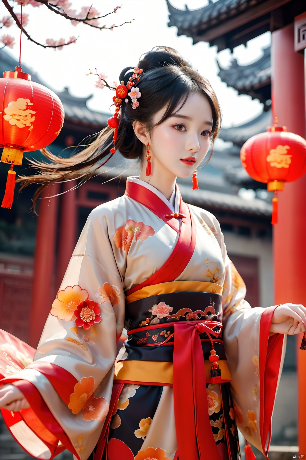  best quality,masterpiece,16k,1girl,Chinese New Year,Welcoming Spring Girl,Spring welcome clothing,Hanfu,Chinese knot,Red Theme,Water ****,(The huge circular mecha behind it:1.5),Looking up,Printed black silk,Headwear,Yellow goldfish,(full body:1.5),ancient Chinese architecture,Red Lantern,Zhang **** Jie Cai,Full of joy and joy,Spring Festival couplets,Ancient Chinese script,Brown eyes,Clothing printing, 1girl