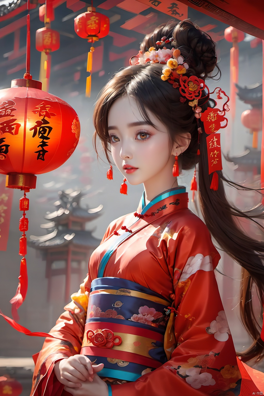  best quality,masterpiece,16k,1girl,Chinese New Year,Welcoming Spring Girl,Spring welcome clothing,Hanfu,Chinese knot,Red Theme,Water ****,(The huge circular mecha behind it:1.5),Looking up,Printed black silk,Headwear,Yellow goldfish,(full body:1.3),ancient Chinese architecture,Red Lantern,Zhang **** Jie Cai,Full of joy and joy,Spring Festival couplets,Ancient Chinese script,Brown eyes,Clothing printing