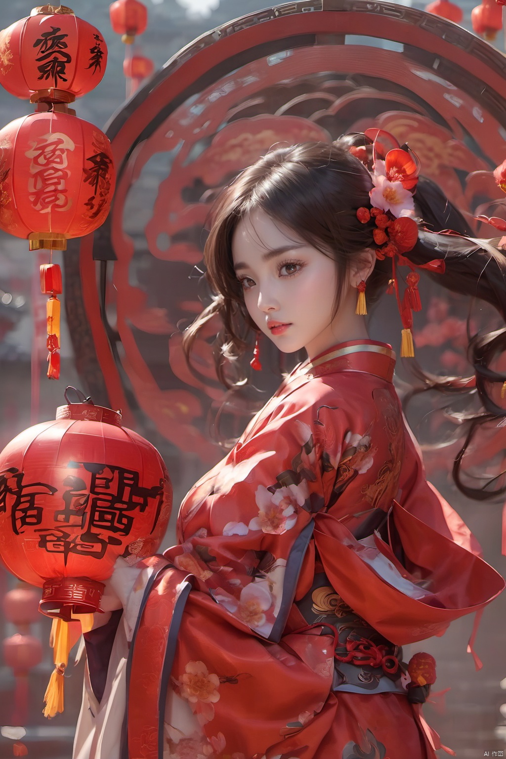  best quality,masterpiece,16k,1girl,Chinese New Year,Welcoming Spring Girl,Spring welcome clothing,Hanfu,Chinese knot,Red Theme,Close-up,Chest metal buttons,Regular circular helmet,Large chest,Complex,A large metal helmet,A huge metal helmet,ancient Chinese architecture,Red Lantern,Zhang **** Jie Cai,Full of joy and joy,Spring Festival couplets,Ancient Chinese script,Brown eyes,Clothing printing