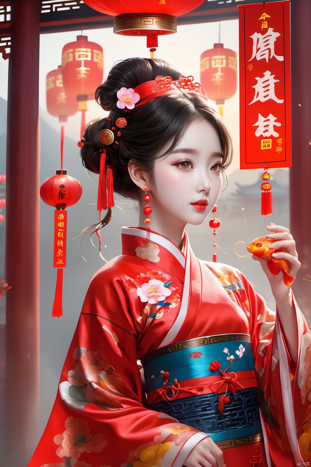  best quality,masterpiece,16k,1girl,Chinese New Year,Welcoming Spring Girl,Spring welcome clothing,Hanfu,Chinese knot,Red Theme,Water ****,(The huge circular mecha behind it:1.5),Looking up,Printed black silk,Headwear,Yellow goldfish,(full body:1.5),ancient Chinese architecture,Red Lantern,Zhang **** Jie Cai,Full of joy and joy,Spring Festival couplets,Ancient Chinese script,Brown eyes,Clothing printing