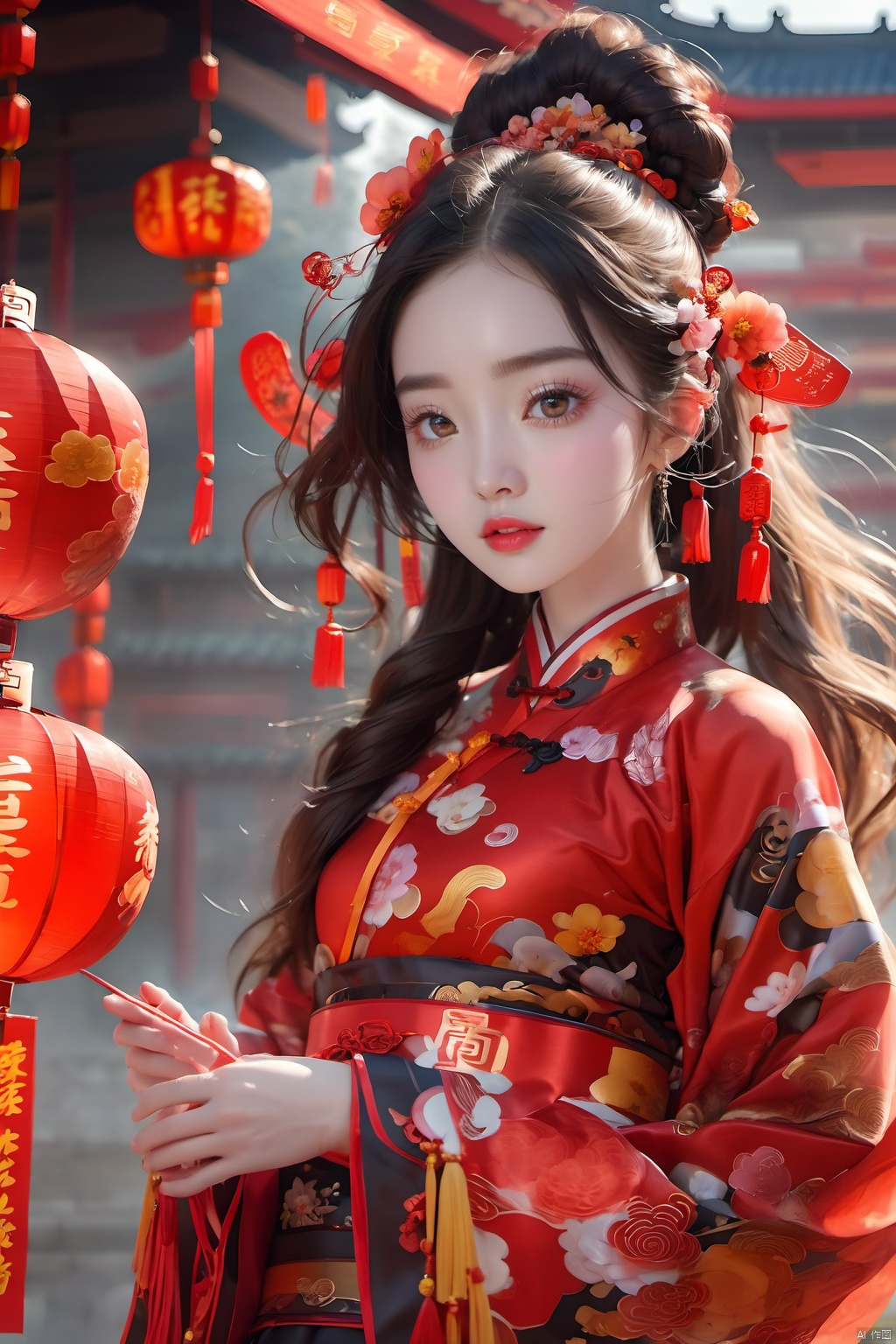  best quality,masterpiece,16k,1girl,Chinese New Year,Welcoming Spring Girl,Spring welcome clothing,Hanfu,Chinese knot,Red Theme,Water ****,(The huge circular mecha behind it:1.5),Looking up,Printed black silk,Headwear,Yellow goldfish,(full body:1.3),ancient Chinese architecture,Red Lantern,Zhang **** Jie Cai,Full of joy and joy,Spring Festival couplets,Ancient Chinese script,Brown eyes,Clothing printing