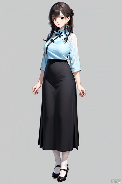  1girl, solo, milf, mature_female, black hair,long hair, blunt_bangs, standing, full body, simple background, breast, (white background), minguo_school_uniform, light blue blouse, ((black)) long skirt, shoes,