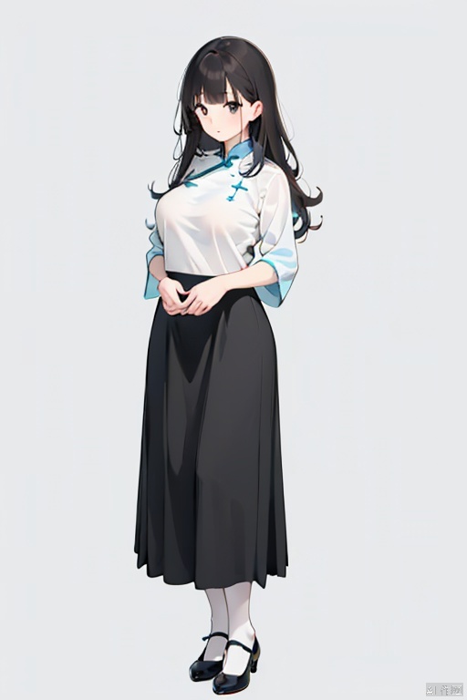  1girl, solo, milf, mature_female, black hair,long hair, blunt_bangs, standing, full body, simple background, breast, (white background), minguo_school_uniform, light blue blouse, ((black)) long skirt, shoes, 