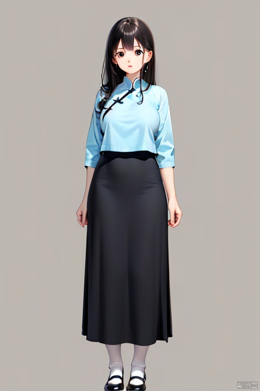  1girl, solo, milf, mature_female, black hair,long hair, blunt_bangs, standing, full body, simple background, breast, (white background), minguo_school_uniform, light blue blouse, ((black)) long skirt, shoes,