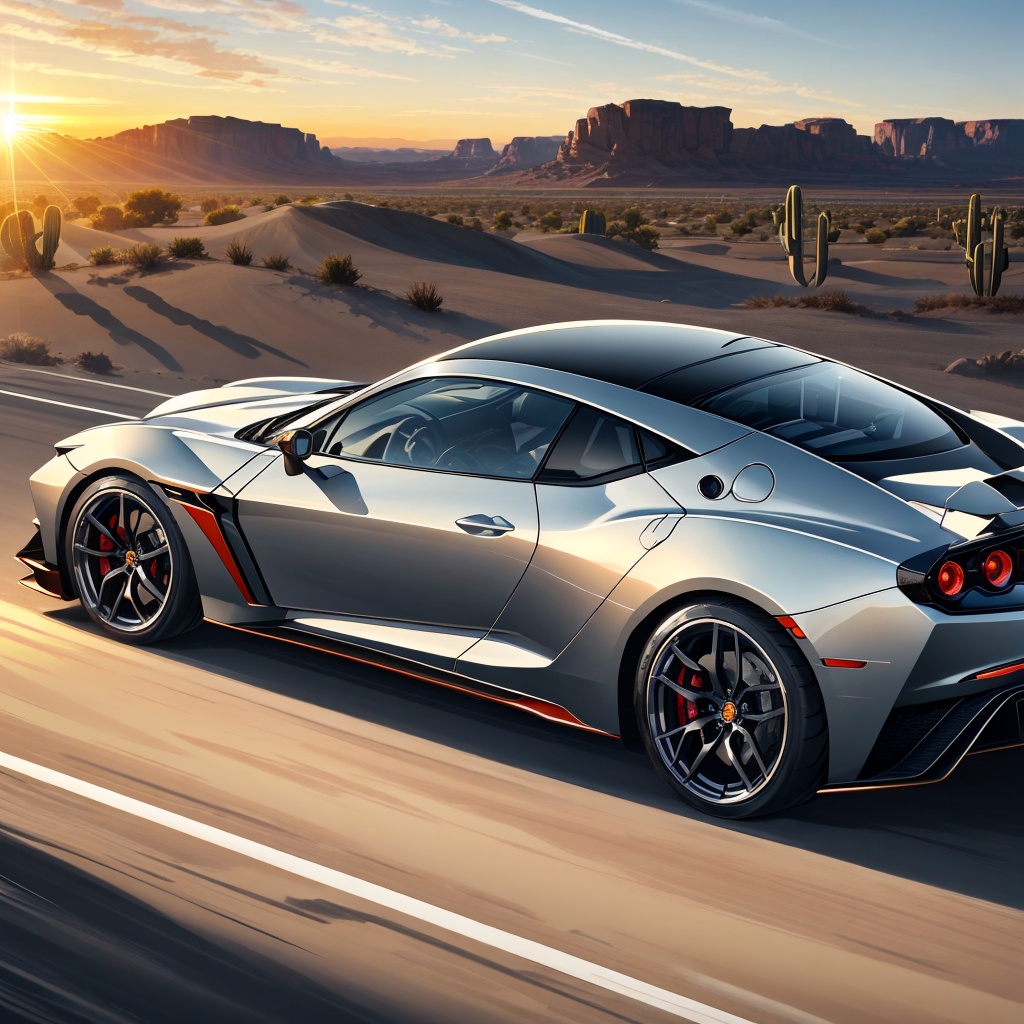 vibrant red paint,  ,  speeding on a desert highway on Tensor.Art