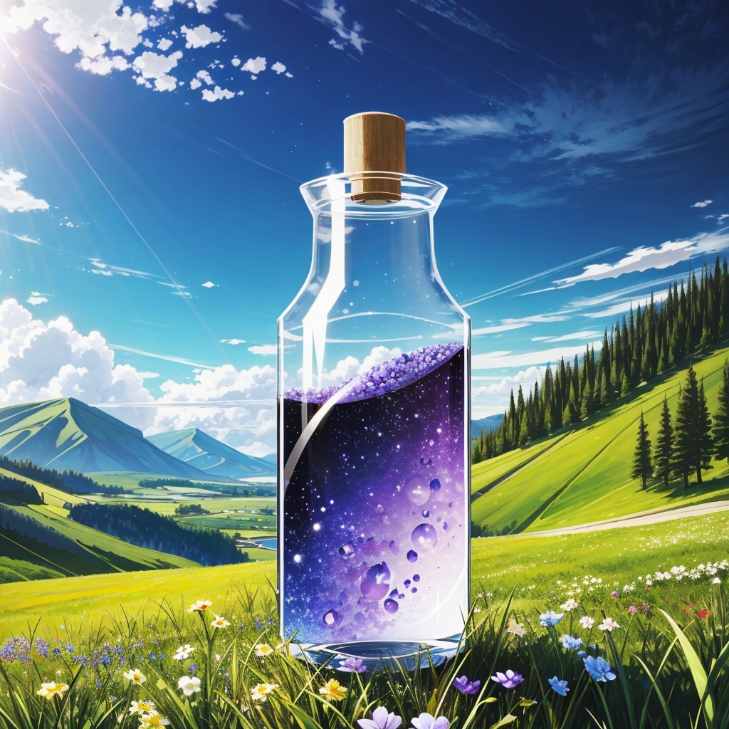 beautiful scenery nature glass bottle landscape,  purple galaxy bottle on Tensor.Art