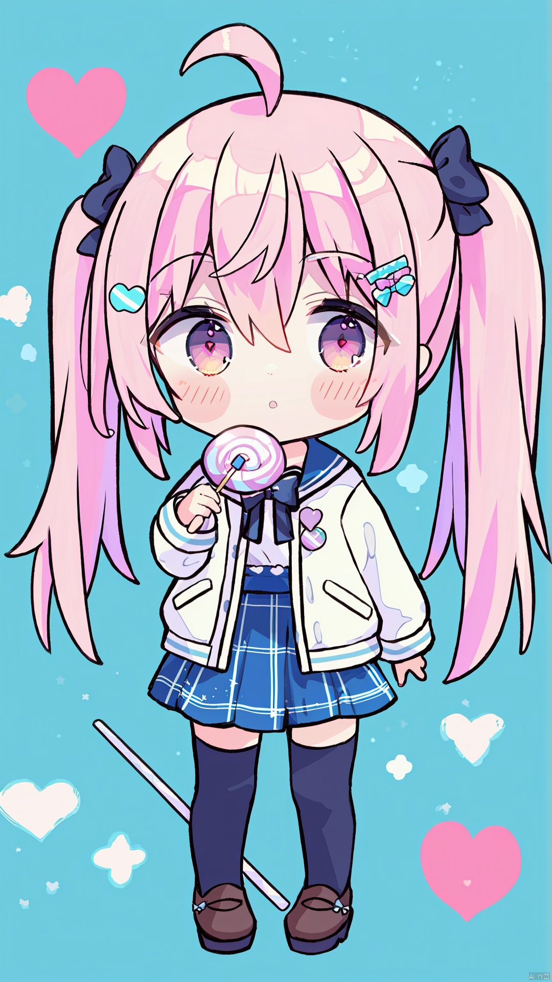 1girl, solo, long hair, looking at viewer, blush, bangs, skirt, shirt, hair ornament, red eyes, thighhighs, long sleeves, bow, holding, hair between eyes, twintails, standing, jacket, full body, pink hair, ahoge, heart, pleated skirt, parted lips, food, open clothes, shoes, hairclip, chibi, black footwear, white thighhighs, open jacket, blue skirt, plaid, blue bow, blush stickers, pink background, scrunchie, white jacket, holding food, candy, lollipop, heart ahoge, holding candy, holding lollipop, swirl lollipop, plaid background