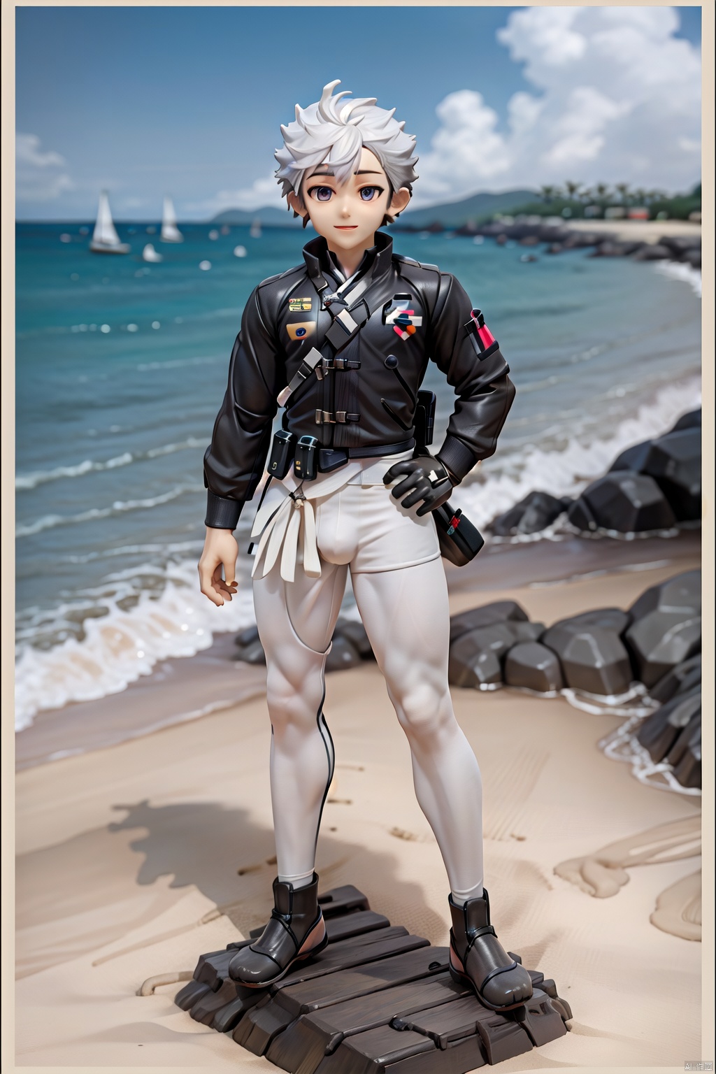 solo, thick legs, 1boy, white leggings, big foot, standing, beach, detailed face, smile ( figma:0.8), shota, solo