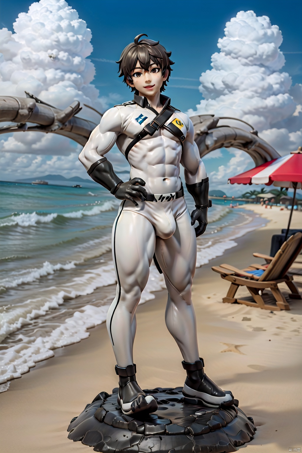 solo, thick legs, 1boy, white leggings, big foot, standing, beach, detailed face, smile ( figma:0.8), shota,
