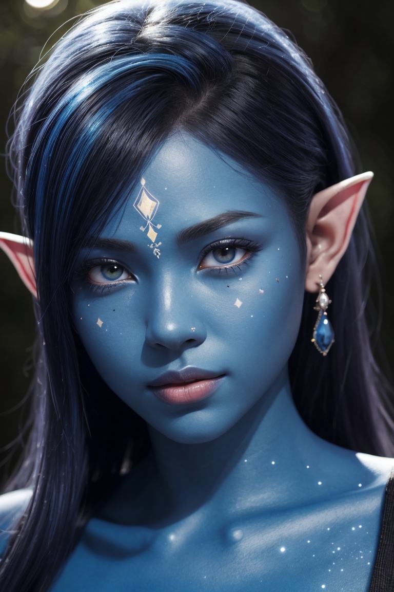 ultra-detailed,  ,  blue humanoid avatar with bioluminescent avatar markings dots and patterns on their skin. Pointed elf...