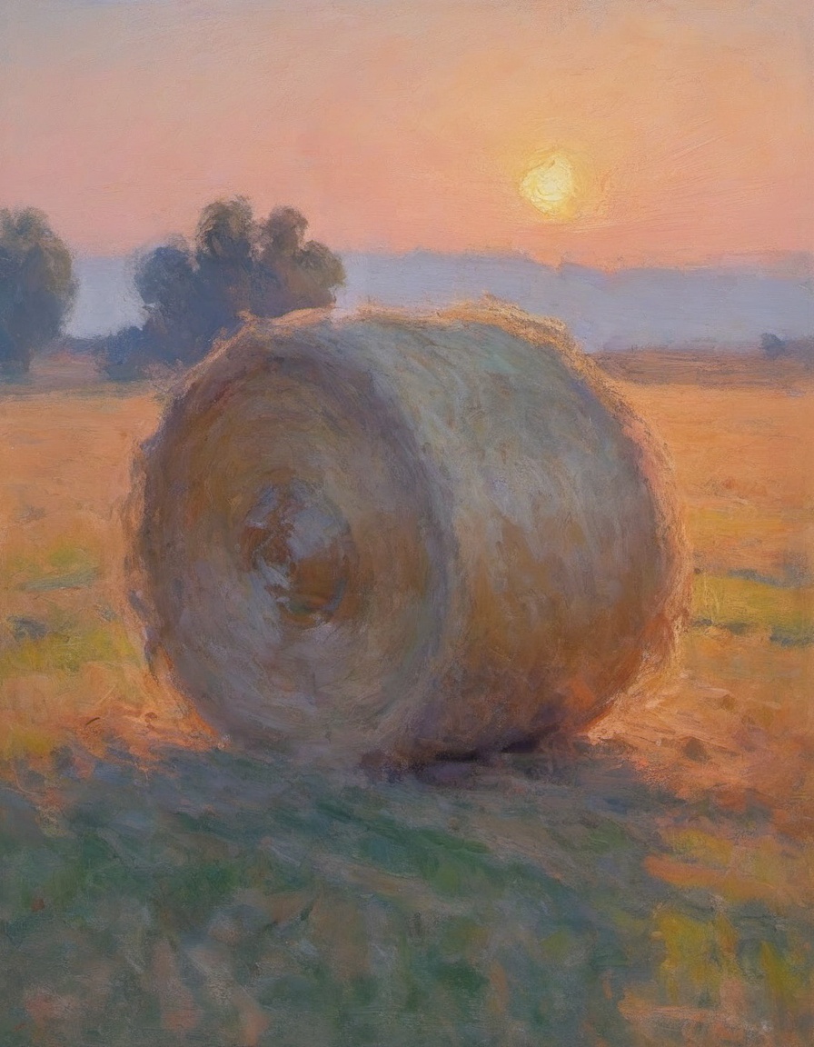 impressionist painting color and temperature study of a bale of hay on a grassy field at sunset on Tensor.Art