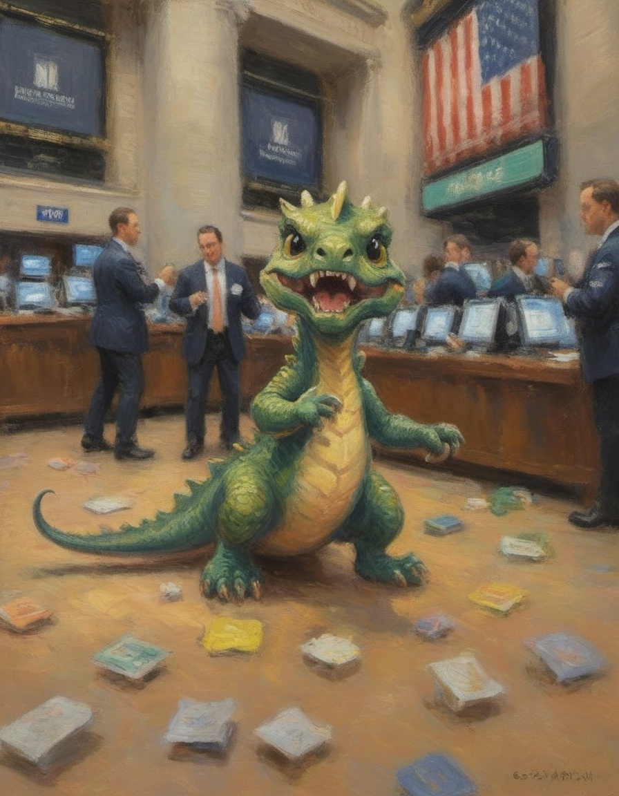 impressionist painting of a baby dragon playfully causing chaos on the floor of the New York Stock Exchange on Tensor.Art