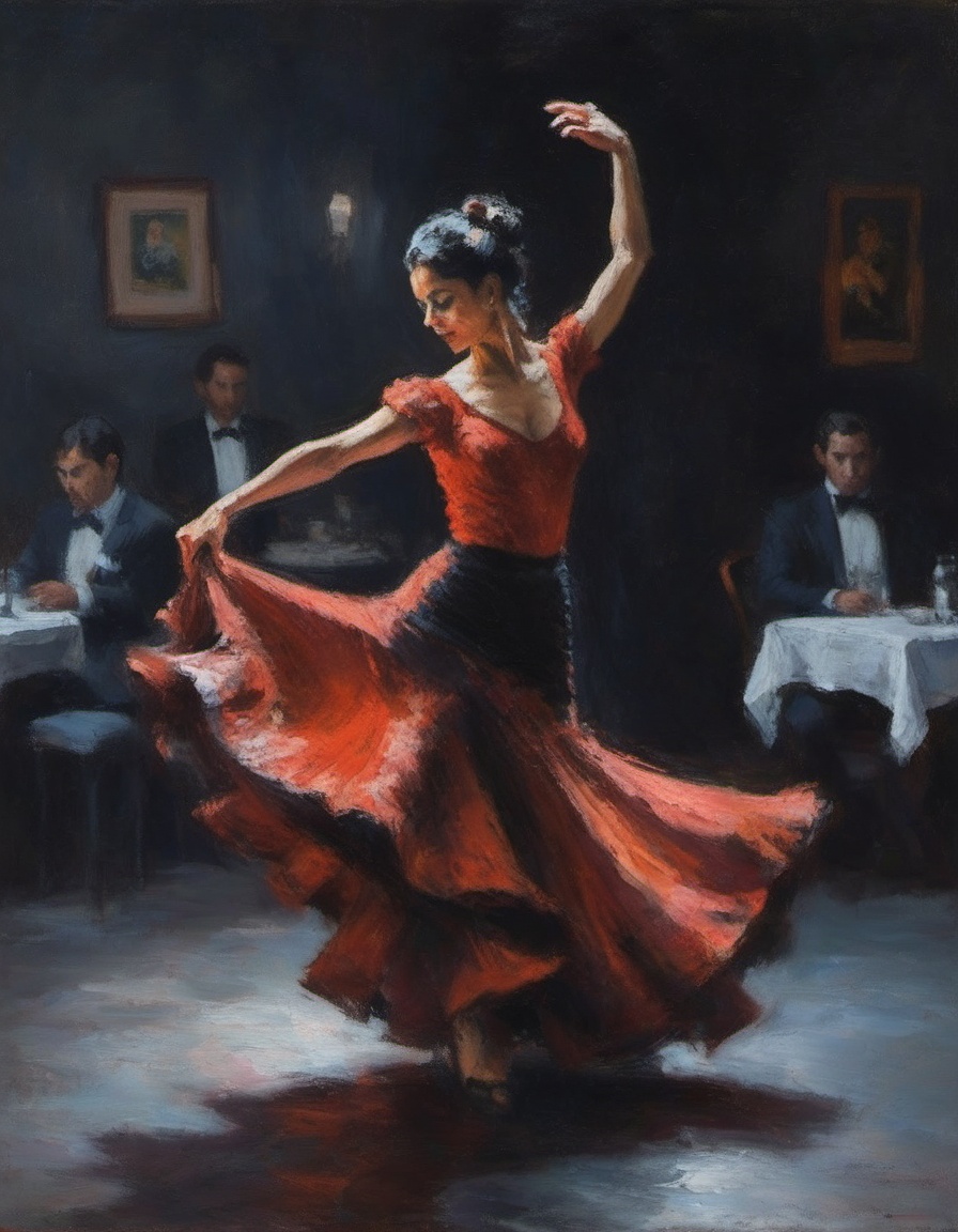 impressionist paintin gof a tall graceful flamenco dancer with flowing swirling skirt in a darkened room dramatic light an...