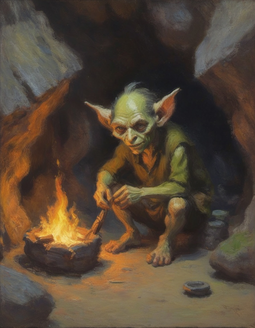 impressionist painting of a goblin starting a fire in his damp and depressing cramped cave on Tensor.Art