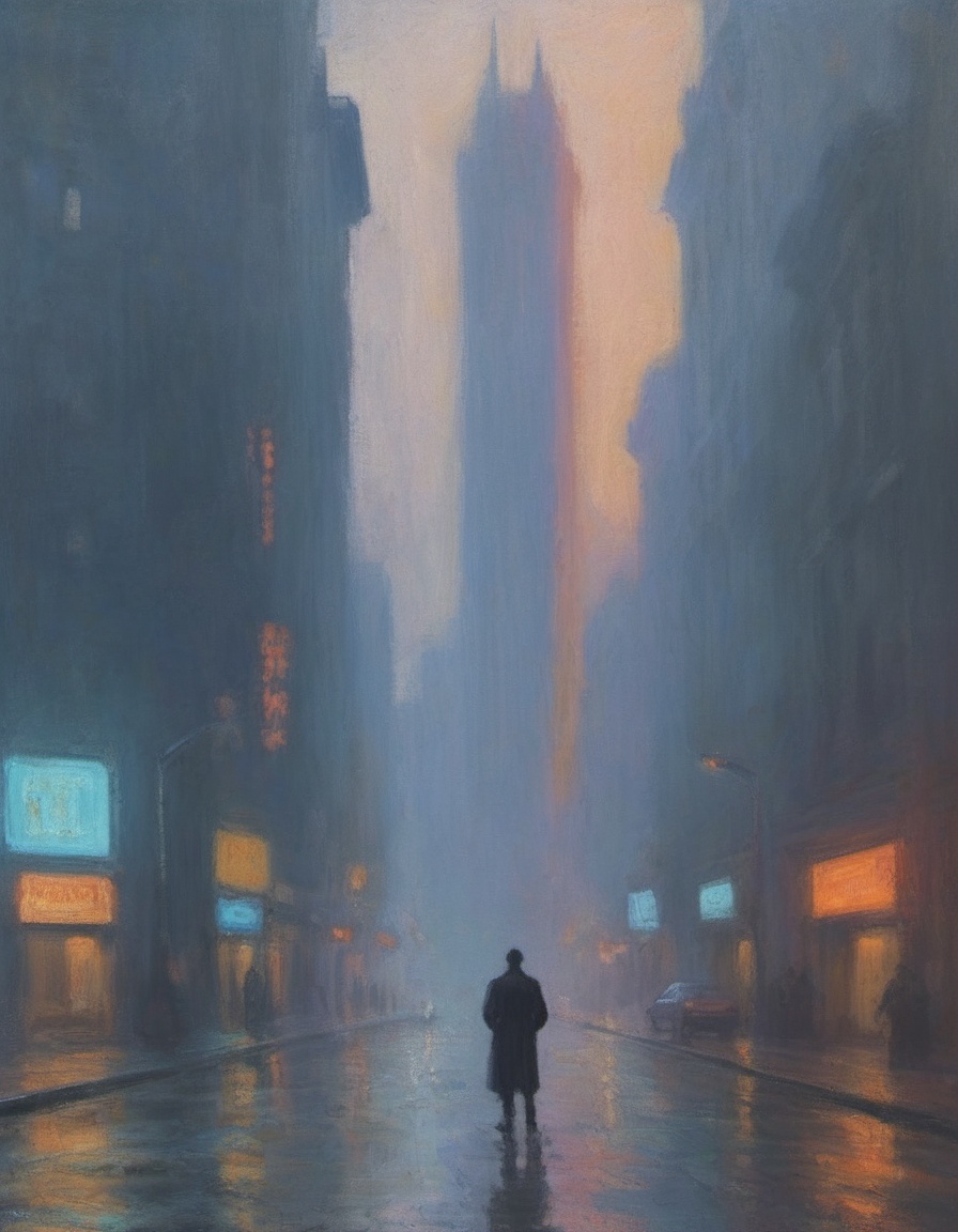 impressionist painting sci-fi brutalist architecture shrouded in mist and fog obscured neon lights wet roads closeup of ta...