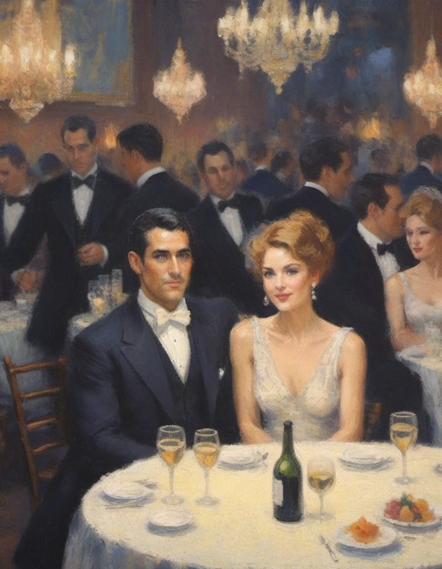 impressionist painting portrait of high society classy ballroom beautiful and handsome people at a party romantic lighting...