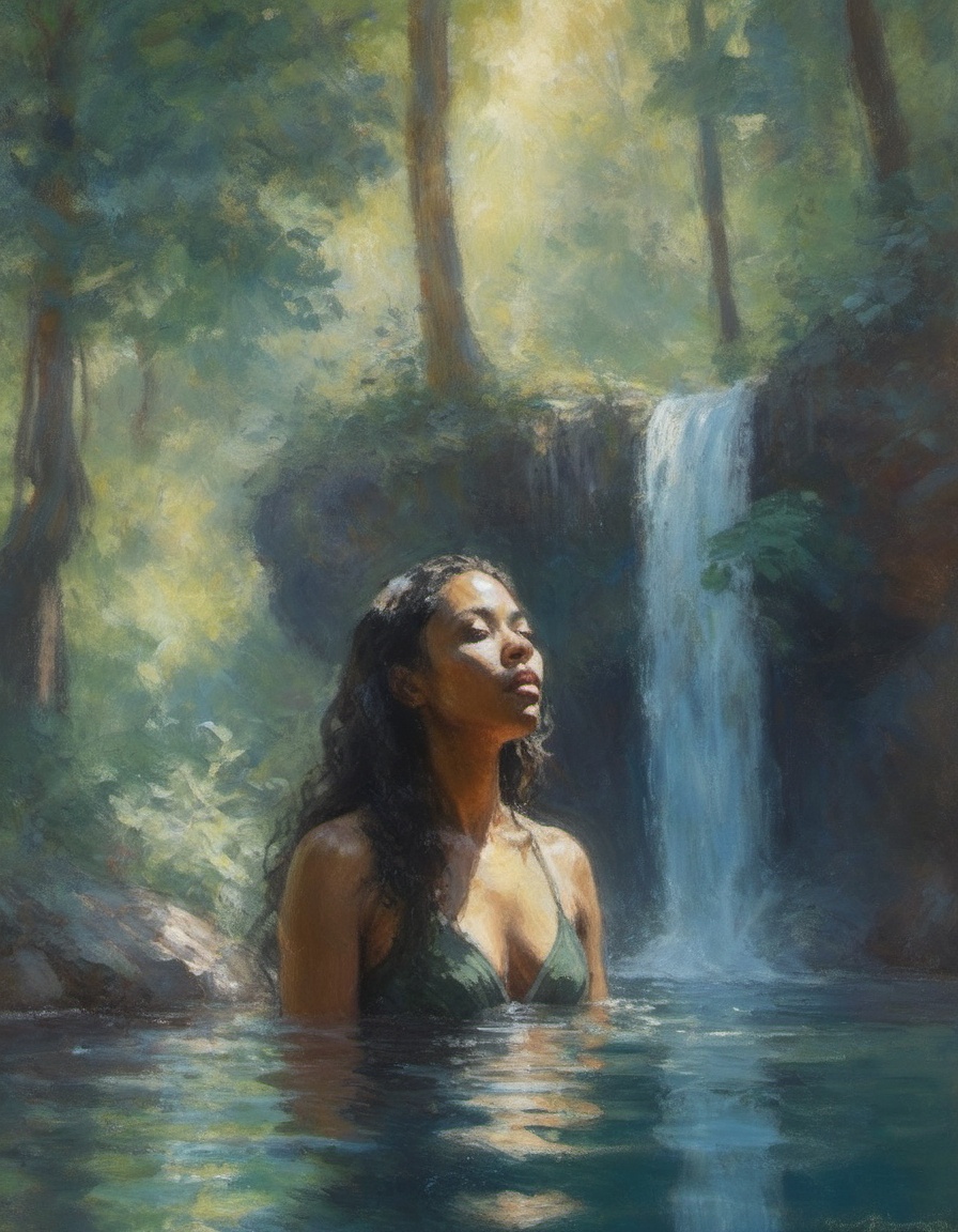 impressionist painting of a beautiful biracial woman submerged in a forest pool with a tall waterfall and sun rays filteri...