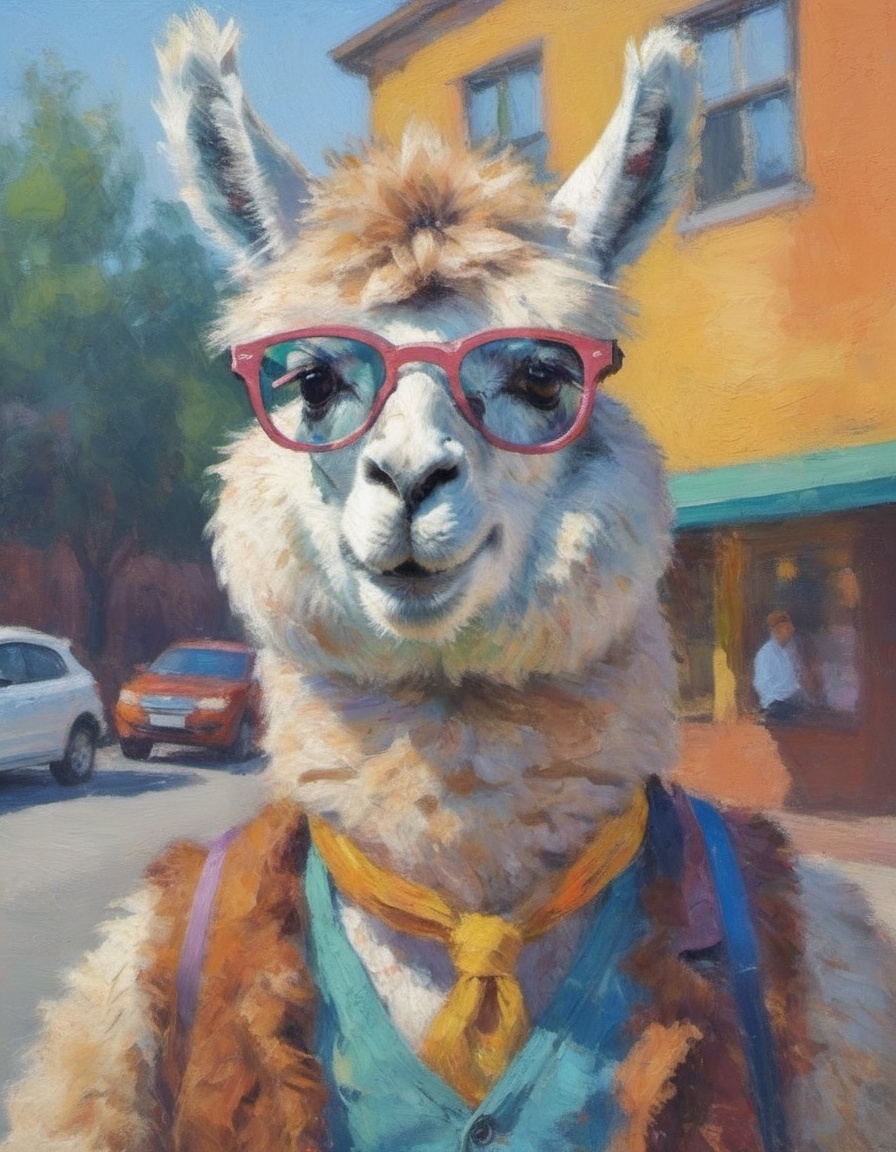 impressionist painting portrait of a hipster alpaca wearing sunglasses gestural and colorful on Tensor.Art