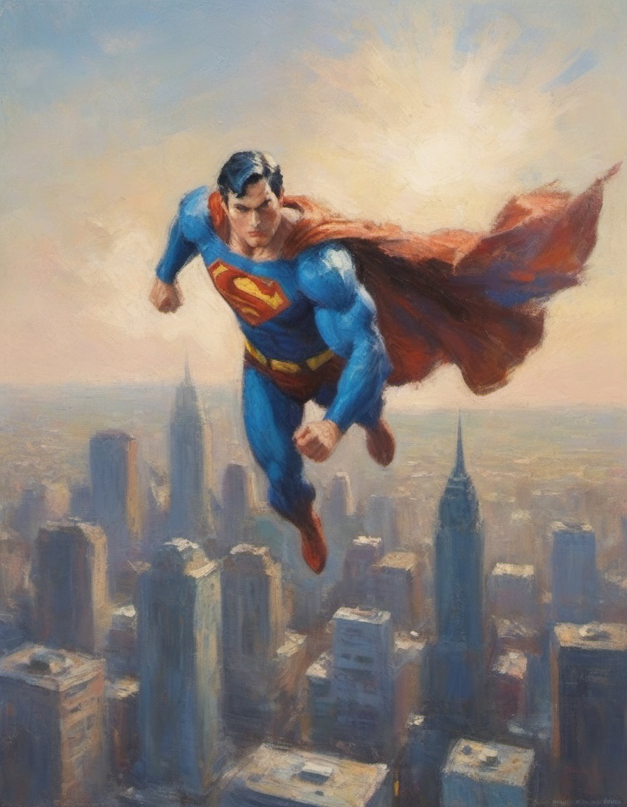 impressionist painting portrait of superman in flight above metropolis city late afternoon aerial view majestic pose on Te...
