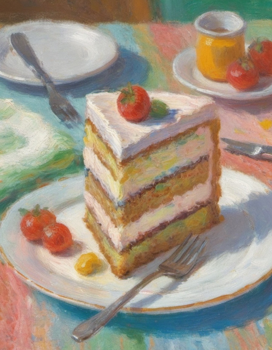 impressionist painting of a slice of three layer cake on a white plate on a colorful tablecloth with a fork on Tensor.Art