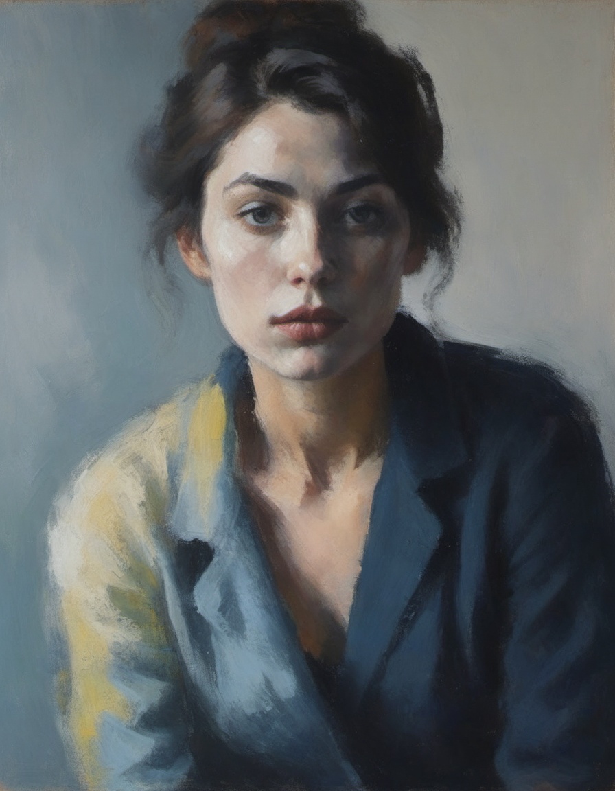 impressionist painting dark moody minimal portrait of a model emerging from the shadows gestural and colorful on Tensor.Art